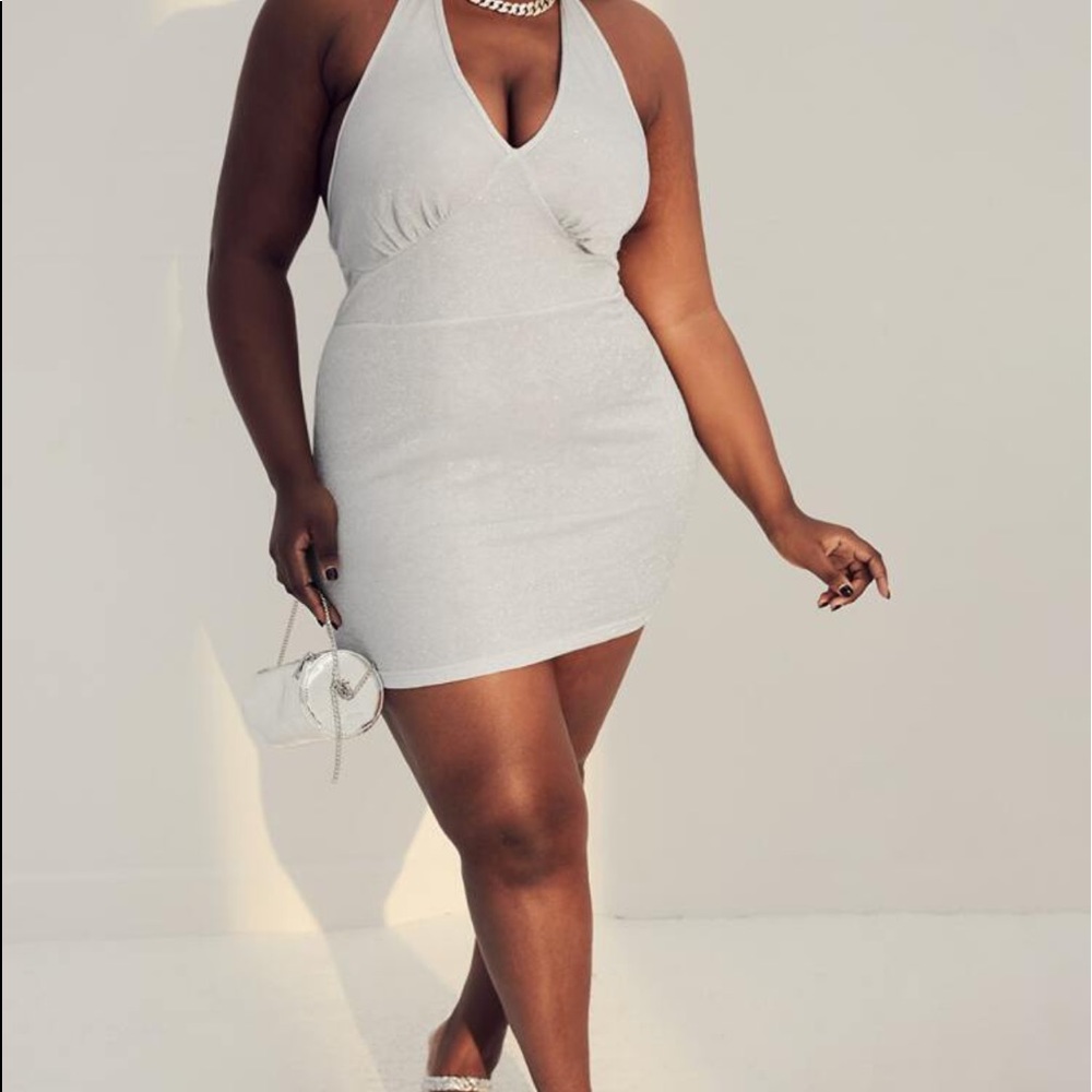 Plus Silver Halter Neck Bodycon Dress